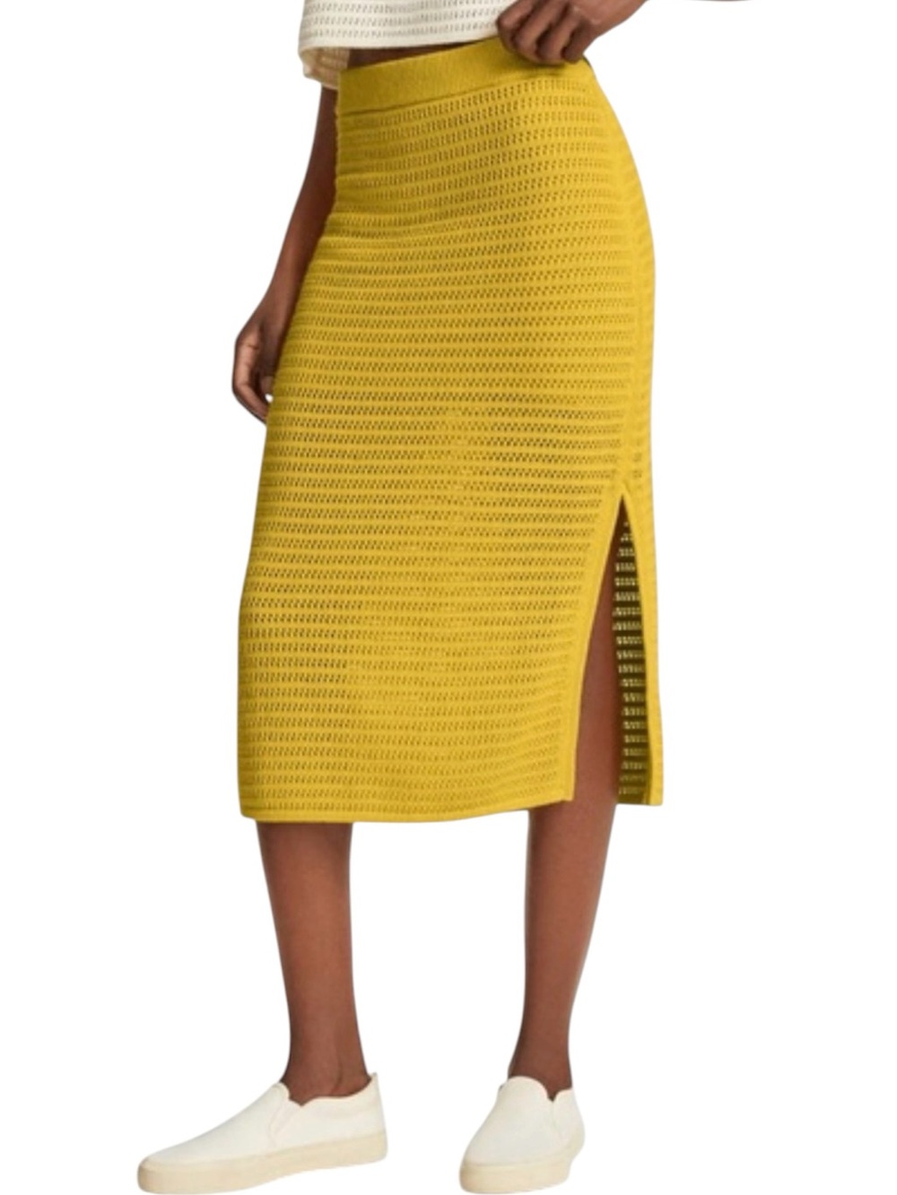 Everlane 100% Organic Cotton Crochet Knit Midi Skirt Side Slit Yellow Medium